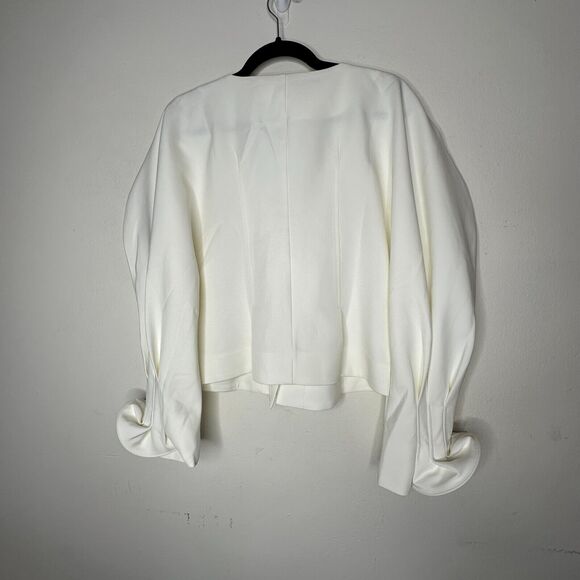 Cream V-Neck Loop & Button Front Balloon Pleated Cuff Sleeve Crop Blouse Med - Picture 8 of 11